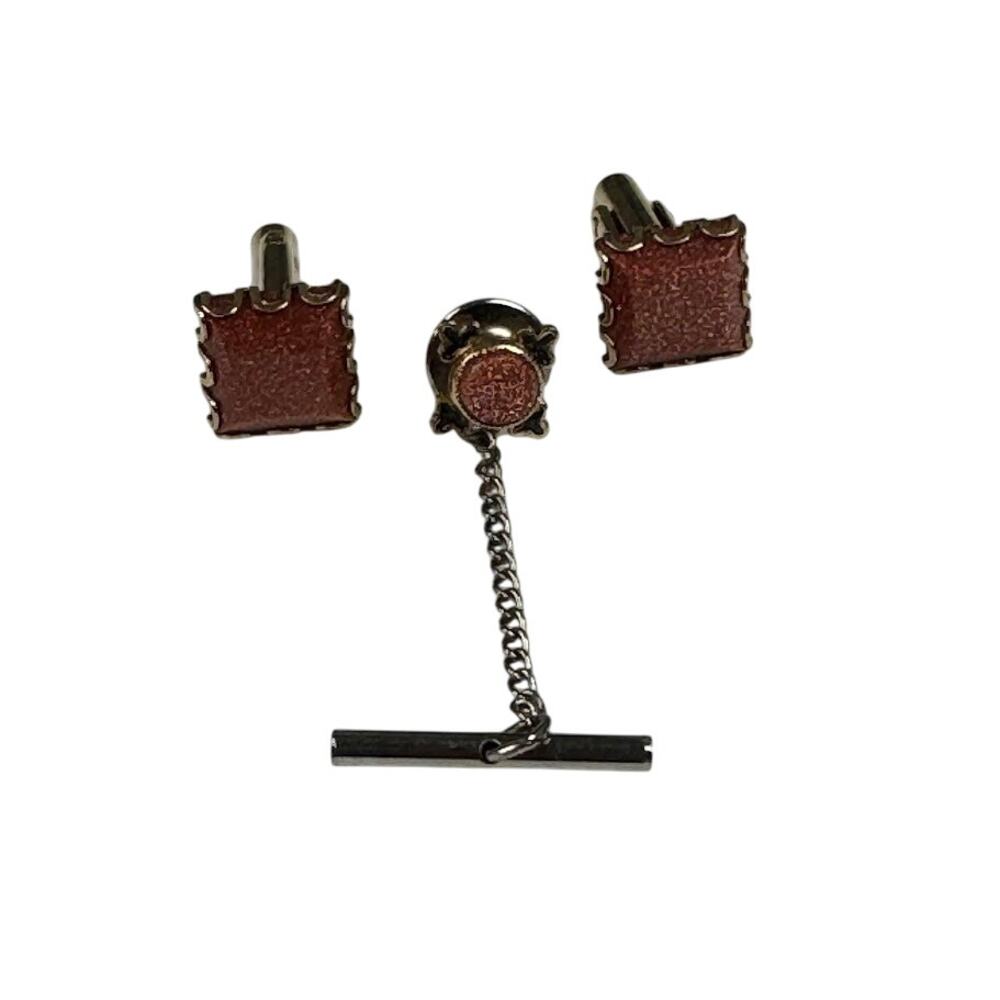 Vintage Goldstone Cufflinks & Tie Tack Set  Retro Sparkle Design‎ Gold Tone